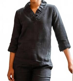 NEW CROWN LINEN charleston ruffle linen top in black